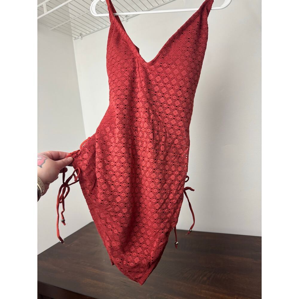 Crochet & Side Lace-Up One Piece Swimsuit Rust Color 2X (FTF)